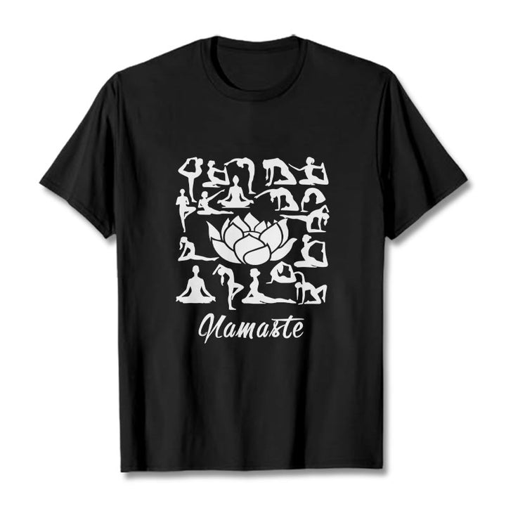 Buddha Stonesカジュアル 蓮の花 様々なヨガのポーズ柄 Tシャツ - 黒 - 2XL - image 4