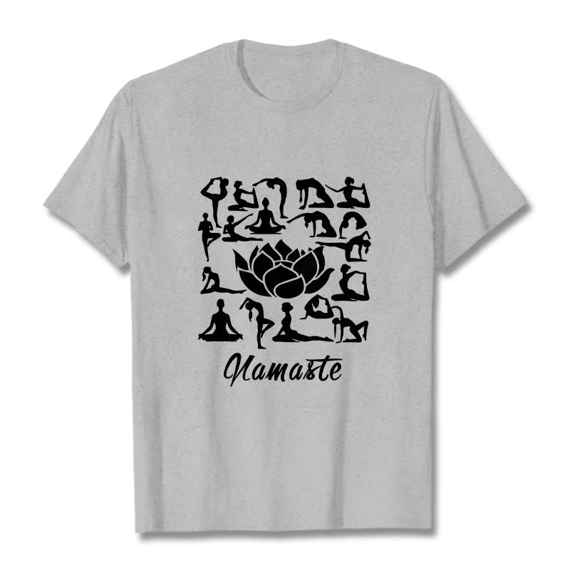 Buddha Stonesカジュアル 蓮の花 様々なヨガのポーズ柄 Tシャツ - ライトグレー - 2XL - image 20
