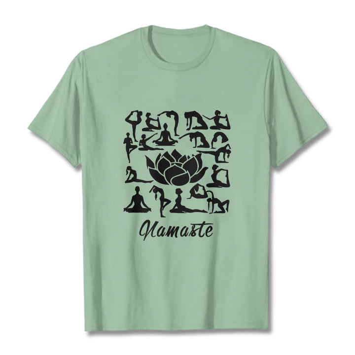 Buddha Stonesカジュアル 蓮の花 様々なヨガのポーズ柄 Tシャツ - ペールグリーン - 2XL - image 15