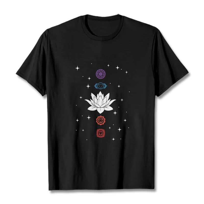 Buddha Stonesカジュアル ロータスフラワー チャクラ柄 Tシャツ - 黒 - 2XL - image 1