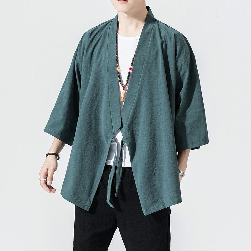 Buddha Stones唐装オープンフロントジャケットコットンリネンメンズ七分袖着物 - image 2