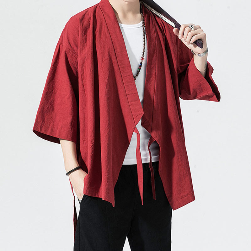 Buddha Stones唐装オープンフロントジャケットコットンリネンメンズ七分袖着物 - image 6
