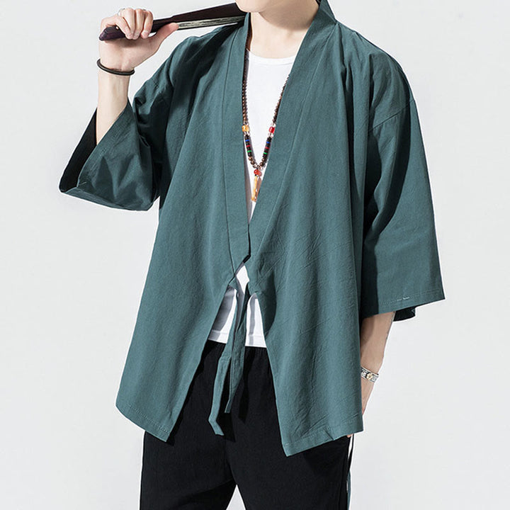 Buddha Stones唐装オープンフロントジャケットコットンリネンメンズ七分袖着物 - image 3