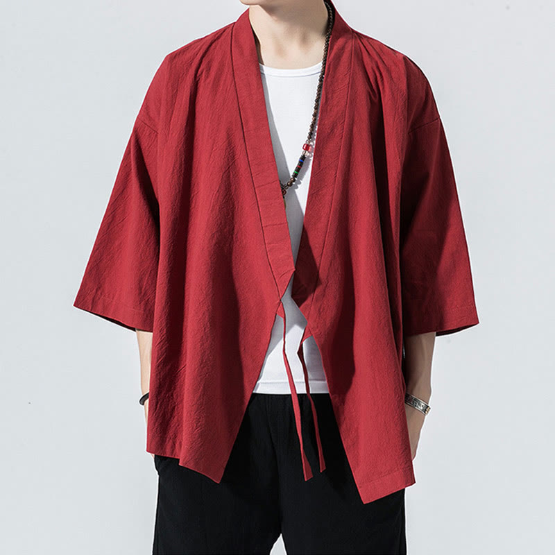 Buddha Stones唐装オープンフロントジャケットコットンリネンメンズ七分袖着物 - image 5