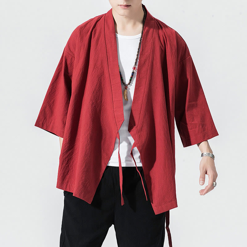 Buddha Stones唐装オープンフロントジャケットコットンリネンメンズ七分袖着物 - クリムゾン - US/UK/AU48、 EU58(5XL) - image 4