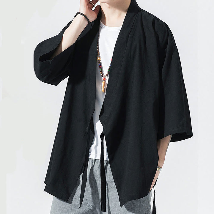 Buddha Stones唐装オープンフロントジャケットコットンリネンメンズ七分袖着物 - image 12