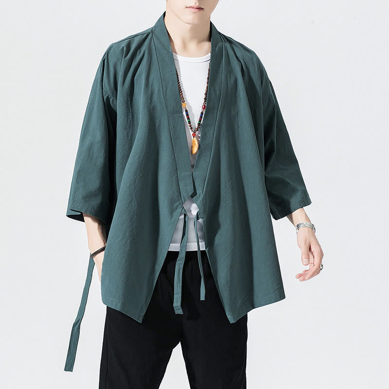 Buddha Stones唐装オープンフロントジャケットコットンリネンメンズ七分袖着物 - ダークシアン - US/UK/AU48、 EU58(5XL) - image 1