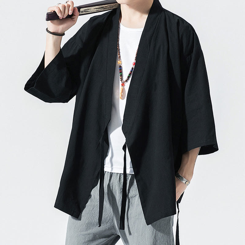 Buddha Stones唐装オープンフロントジャケットコットンリネンメンズ七分袖着物 - image 13