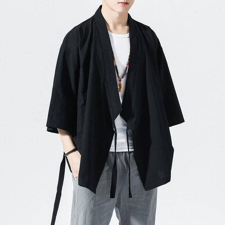 Buddha Stones唐装オープンフロントジャケットコットンリネンメンズ七分袖着物 - 黒 - US/UK/AU48、 EU58(5XL) - image 10