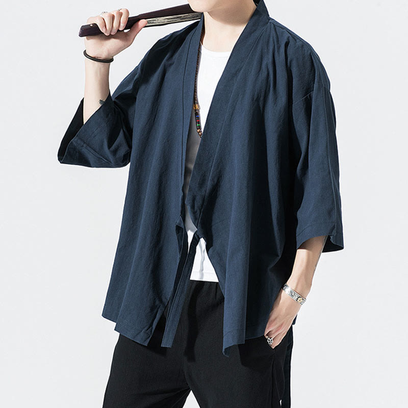 Buddha Stones唐装オープンフロントジャケットコットンリネンメンズ七分袖着物 - image 8