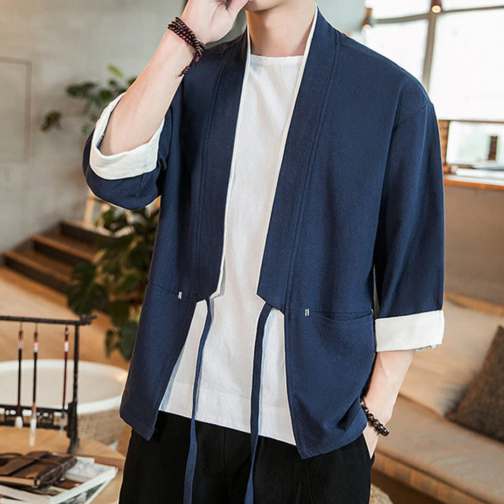 Buddha Stonesレースアップデザインジャケット コットンリネン メンズ 七分袖 着物 ポケット付き - image 1