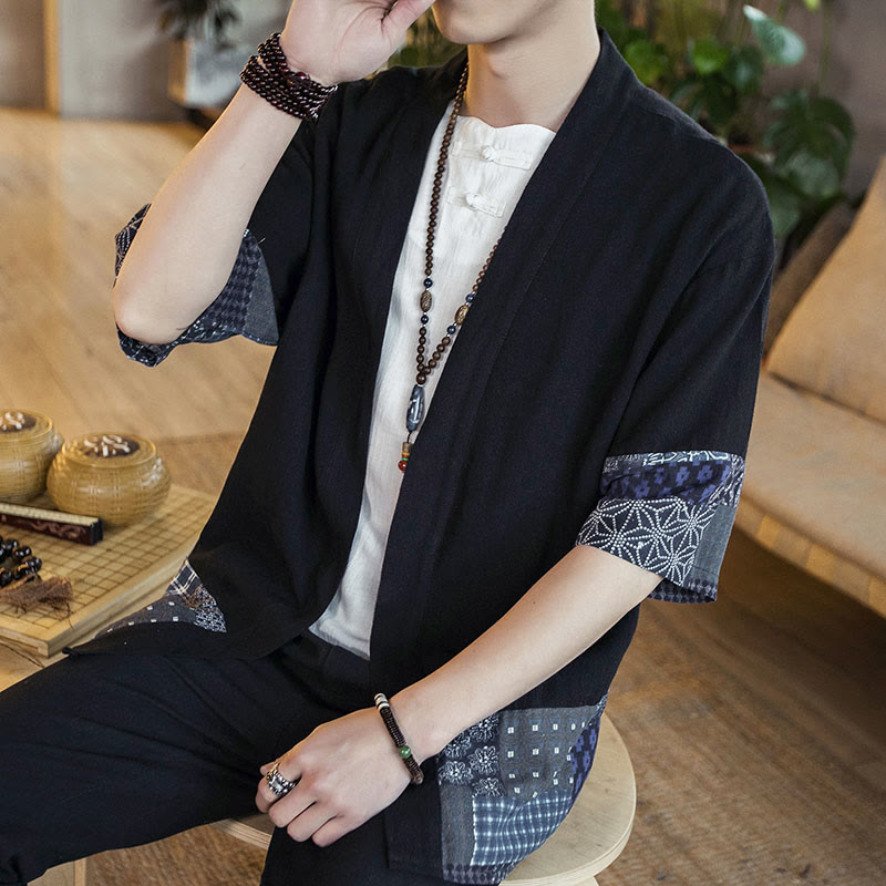 Buddha Stonesエスニックプリントパッチワーク半袖オープンフロントジャケットコットンリネンメンズ着物 - image 6