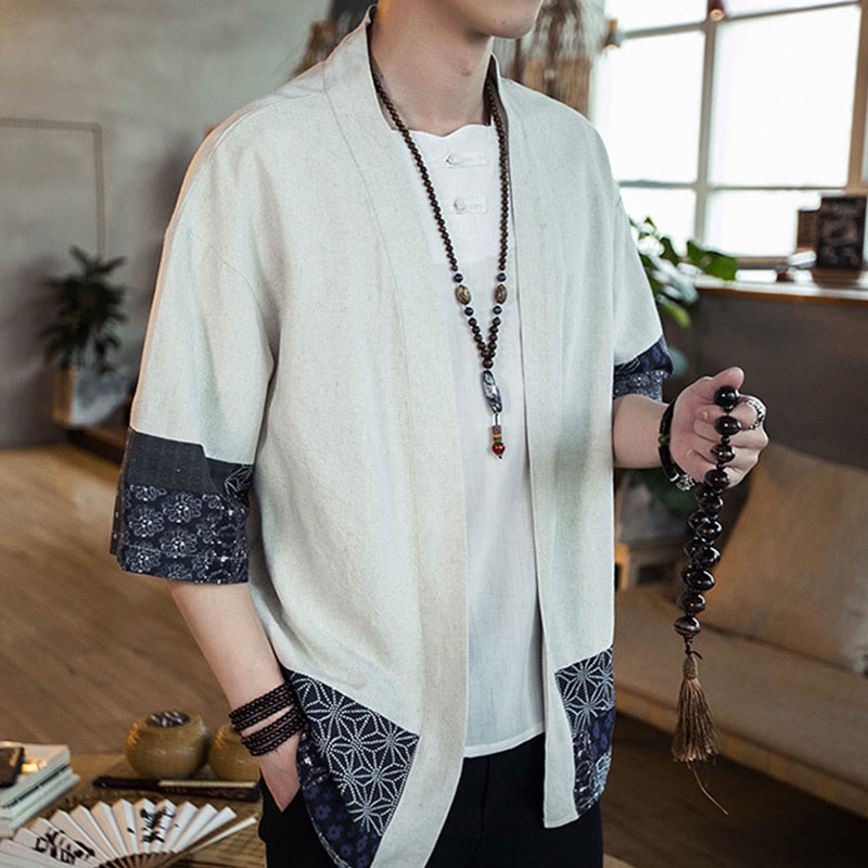 Buddha Stonesエスニックプリントパッチワーク半袖オープンフロントジャケットコットンリネンメンズ着物 - image 12
