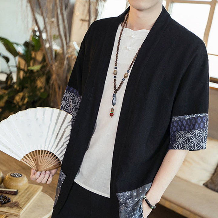 Buddha Stonesエスニックプリントパッチワーク半袖オープンフロントジャケットコットンリネンメンズ着物 - image 5