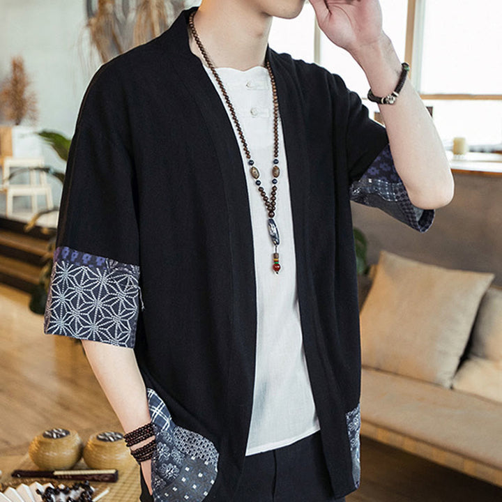 Buddha Stonesエスニックプリントパッチワーク半袖オープンフロントジャケットコットンリネンメンズ着物 - image 4