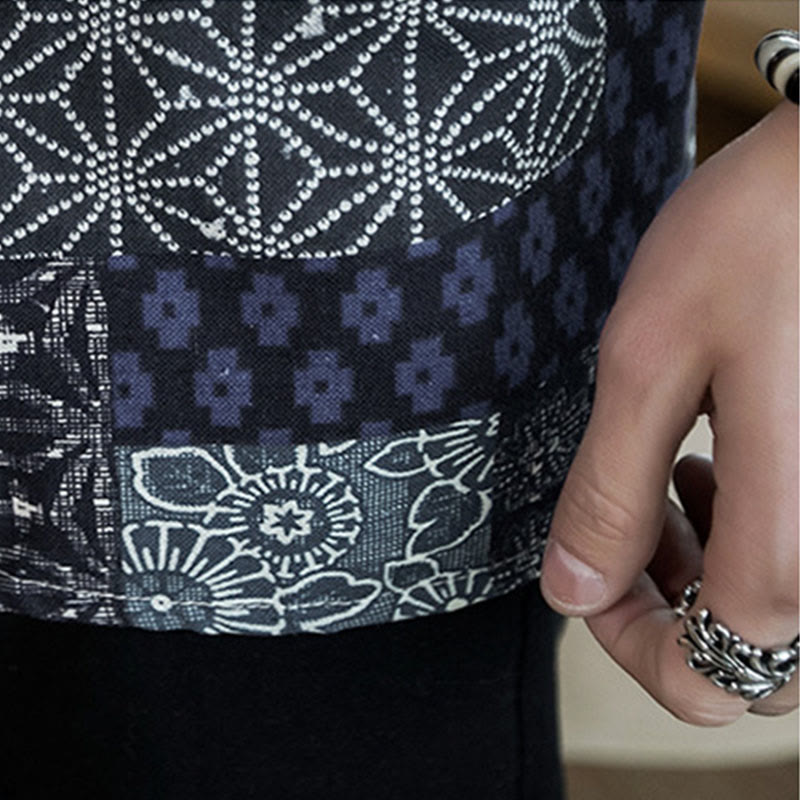 Buddha Stonesエスニックプリントパッチワーク半袖オープンフロントジャケットコットンリネンメンズ着物 - image 8