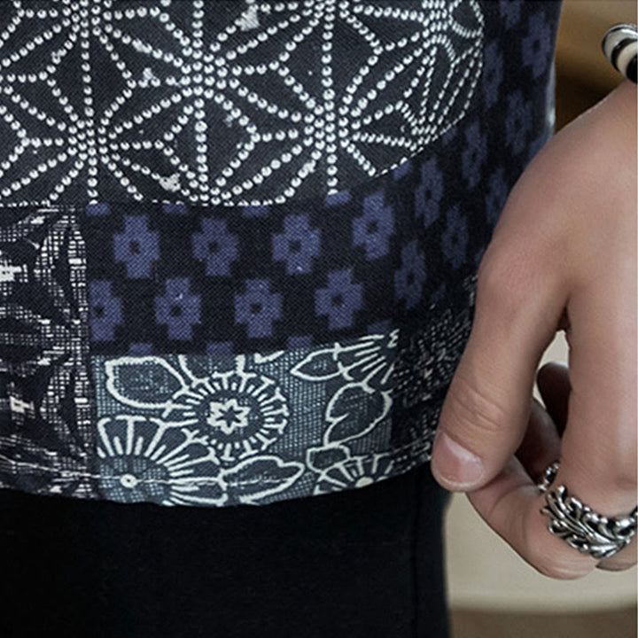 Buddha Stonesエスニックプリントパッチワーク半袖オープンフロントジャケットコットンリネンメンズ着物 - image 8