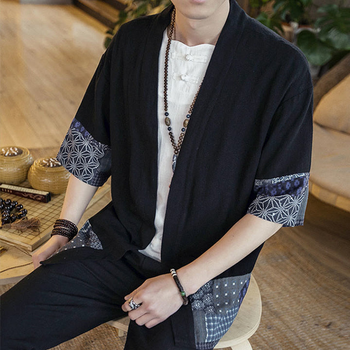 Buddha Stonesエスニックプリントパッチワーク半袖オープンフロントジャケットコットンリネンメンズ着物 - image 7