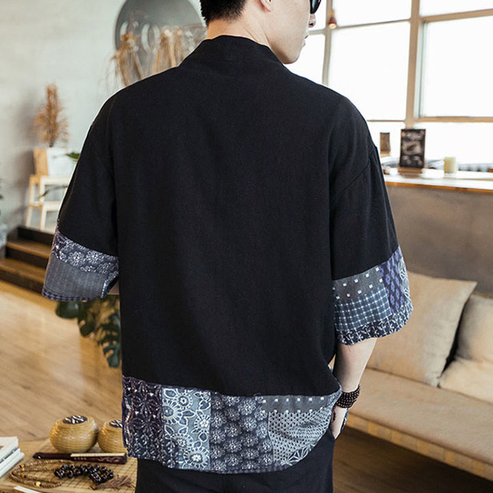 Buddha Stonesエスニックプリントパッチワーク半袖オープンフロントジャケットコットンリネンメンズ着物 - image 4