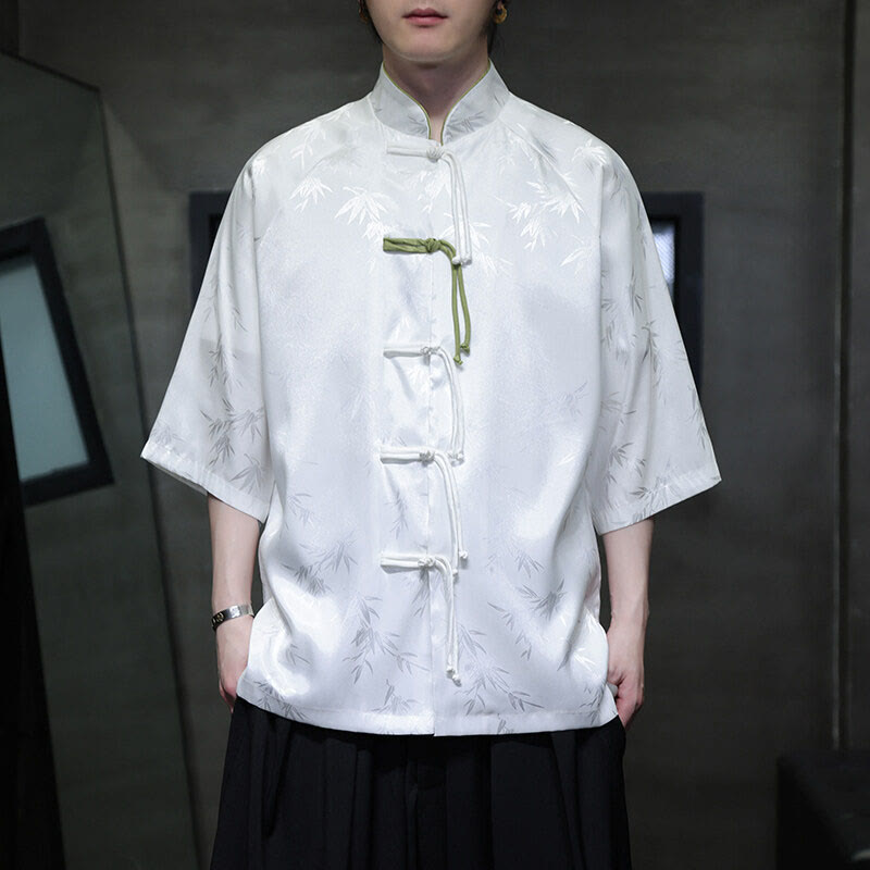 Buddha Stonesジャカード竹 七分袖 フロッグボタン タンスーツ メンズ コットンシャツ - 白 - US/UK/AU46、 EU56 (5XL) - image 7