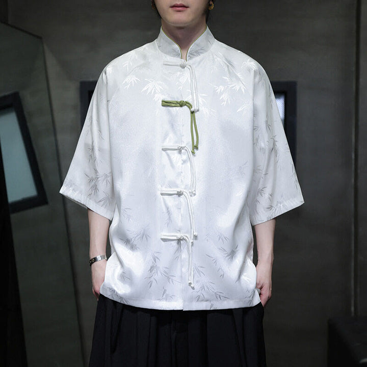 Buddha Stonesジャカード竹 七分袖 フロッグボタン タンスーツ メンズ コットンシャツ - 白 - US/UK/AU46、 EU56 (5XL) - image 7