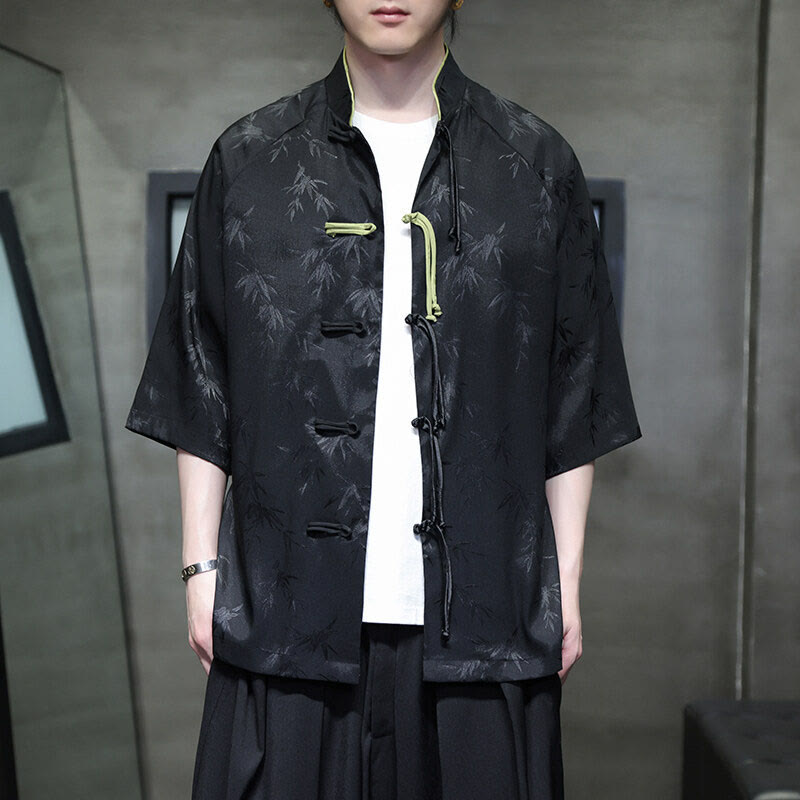 Buddha Stonesジャカード竹 七分袖 フロッグボタン タンスーツ メンズ コットンシャツ - 黒 - US/UK/AU46、 EU56 (5XL) - image 1