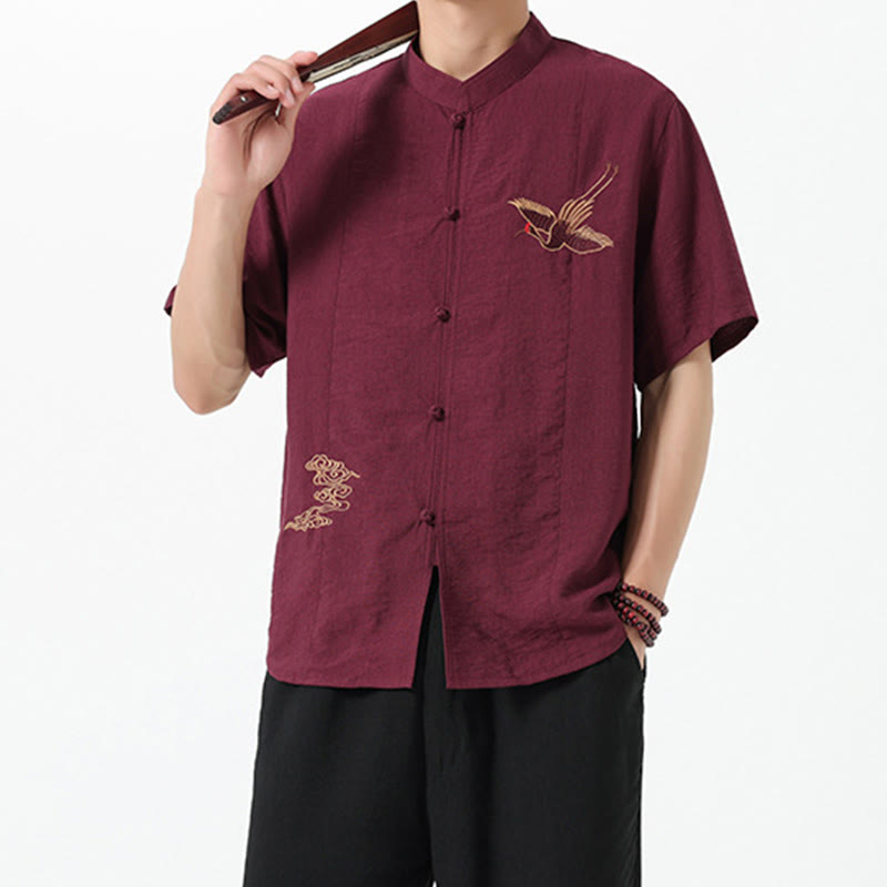 Buddha Stonesヴィンテージ刺繍ボタン半袖デザインスタンドカラーメンズコットンシャツ - image 5