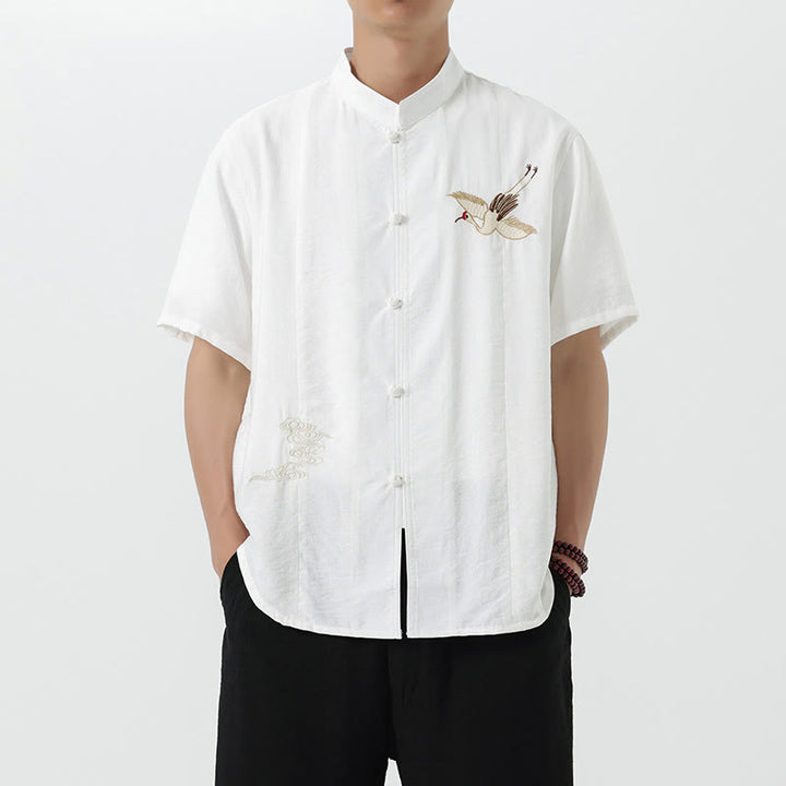Buddha Stonesヴィンテージ刺繍ボタン半袖デザインスタンドカラーメンズコットンシャツ - 白 - US/UK/AU42、 EU52 (3XL) - image 9