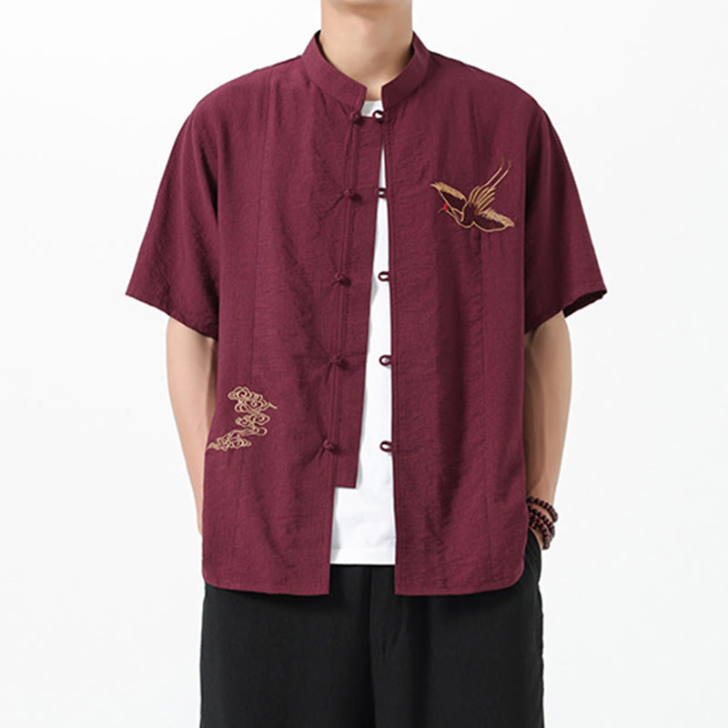 Buddha Stonesヴィンテージ刺繍ボタン半袖デザインスタンドカラーメンズコットンシャツ - 茶色 - US/UK/AU42、 EU52 (3XL) - image 1