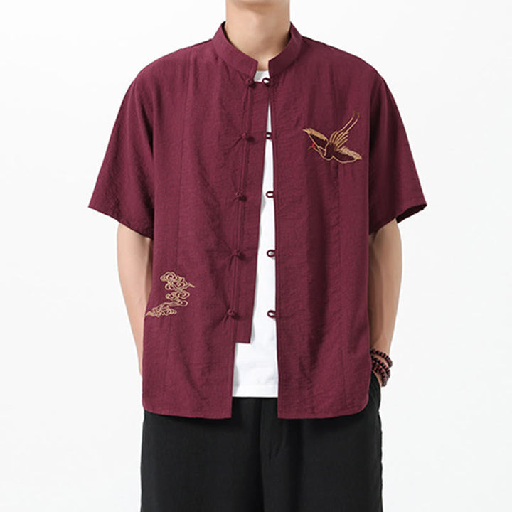 Buddha Stonesヴィンテージ刺繍ボタン半袖デザインスタンドカラーメンズコットンシャツ - 茶色 - US/UK/AU42、 EU52 (3XL) - image 1
