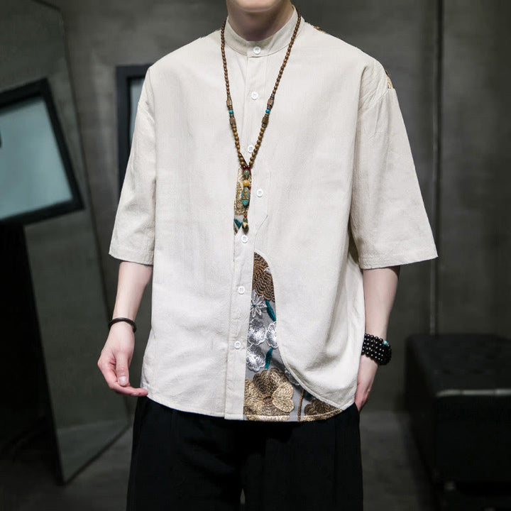 Buddha Stones刺繍パッチワークシンプルデザイン七分袖メンズコットンリネンシャツ