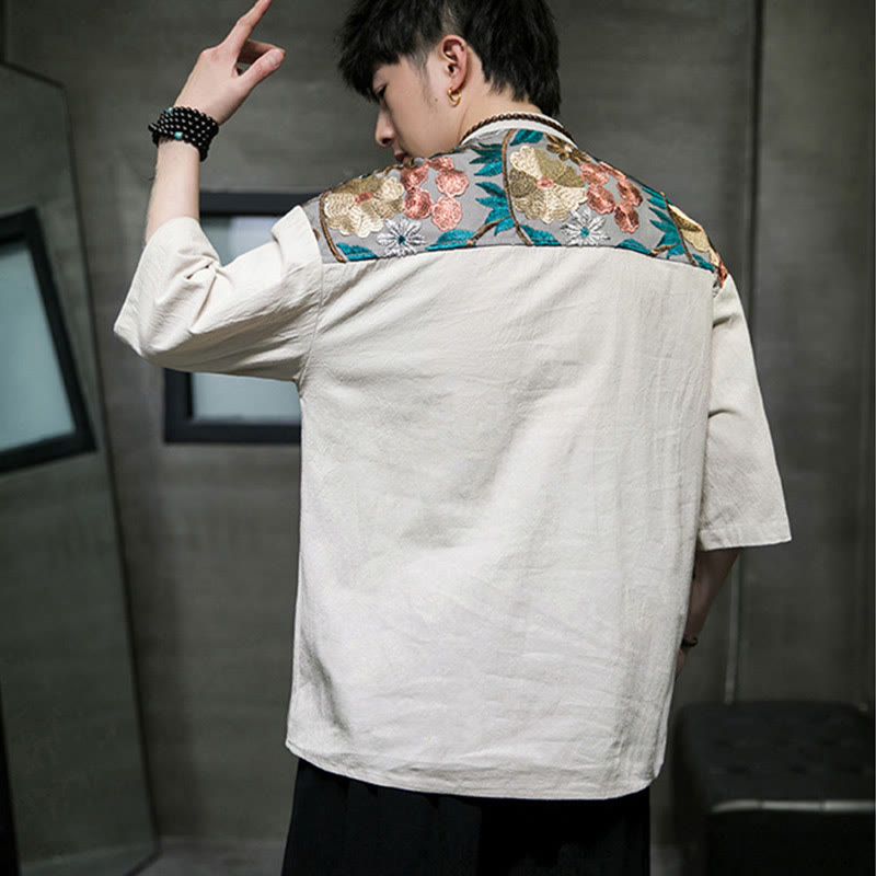 Buddha Stones刺繍パッチワークシンプルデザイン七分袖メンズコットンリネンシャツ