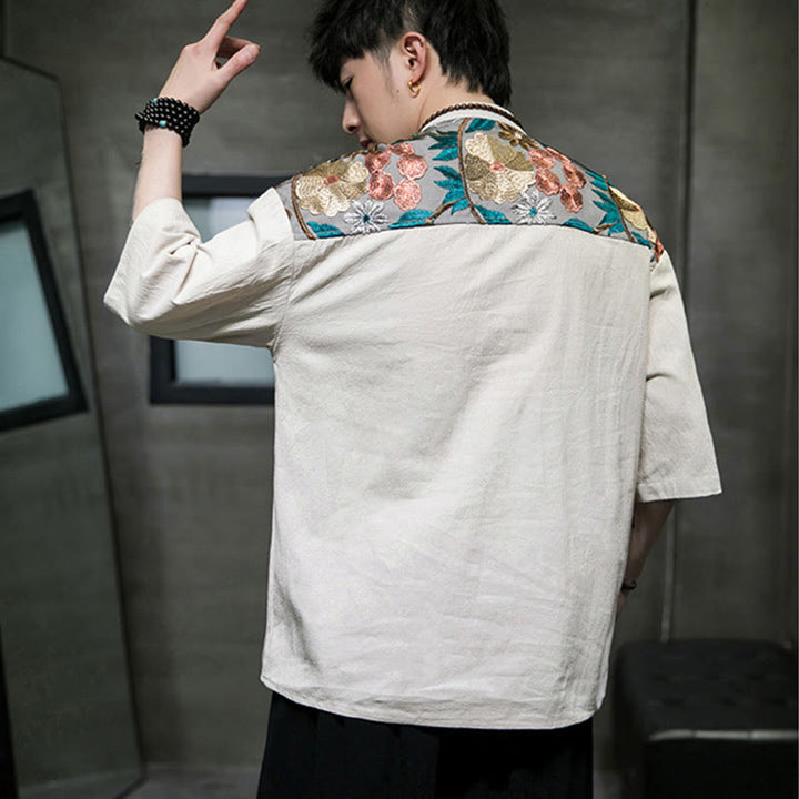 Buddha Stones刺繍パッチワークシンプルデザイン七分袖メンズコットンリネンシャツ