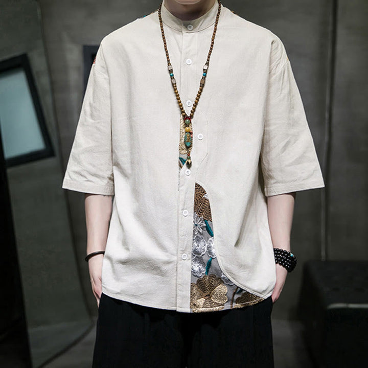 Buddha Stones刺繍パッチワークシンプルデザイン七分袖メンズコットンリネンシャツ