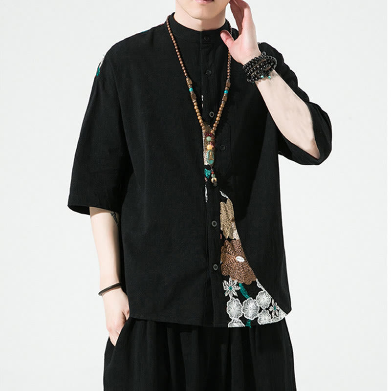 Buddha Stones刺繍パッチワークシンプルデザイン七分袖メンズコットンリネンシャツ