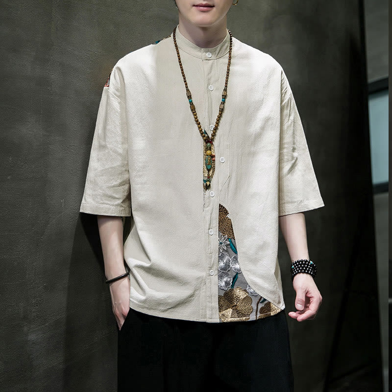 Buddha Stones刺繍パッチワークシンプルデザイン七分袖メンズコットンリネンシャツ