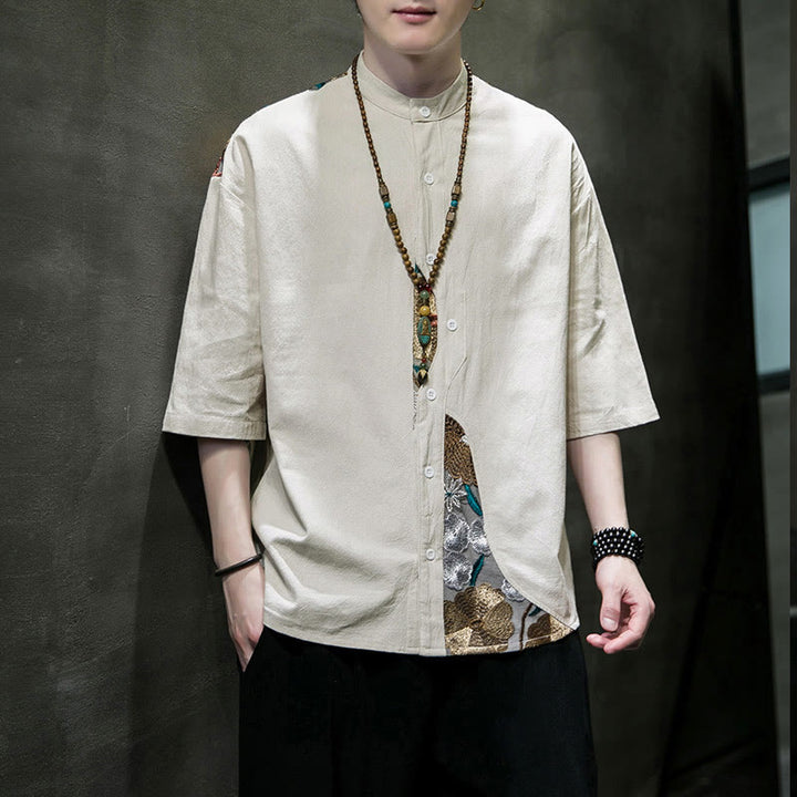 Buddha Stones刺繍パッチワークシンプルデザイン七分袖メンズコットンリネンシャツ