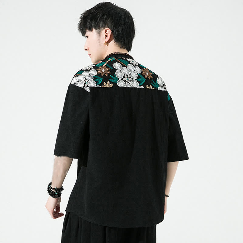 Buddha Stones刺繍パッチワークシンプルデザイン七分袖メンズコットンリネンシャツ