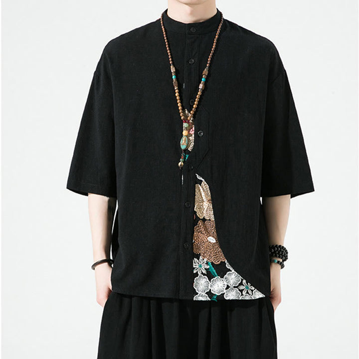 Buddha Stones刺繍パッチワークシンプルデザイン七分袖メンズコットンリネンシャツ