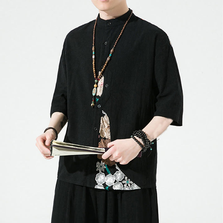Buddha Stones刺繍パッチワークシンプルデザイン七分袖メンズコットンリネンシャツ