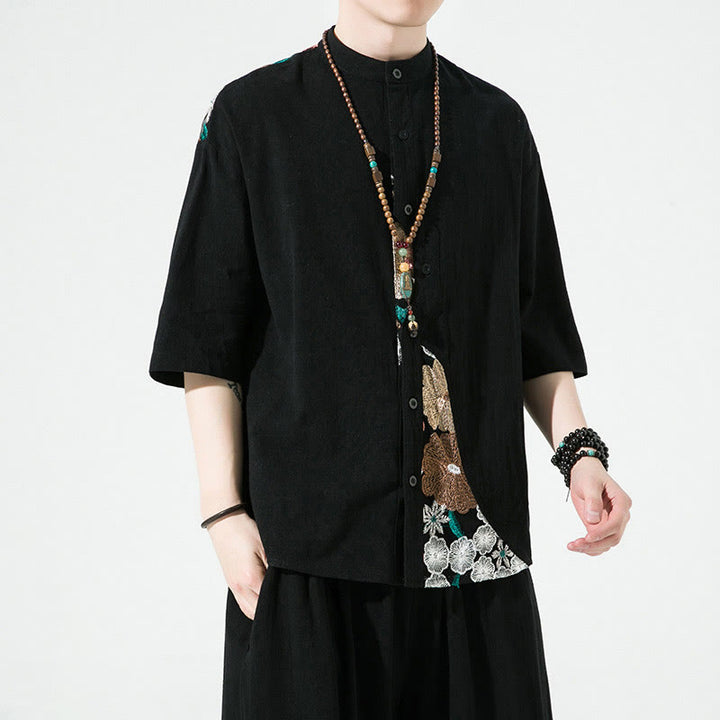 Buddha Stones刺繍パッチワークシンプルデザイン七分袖メンズコットンリネンシャツ