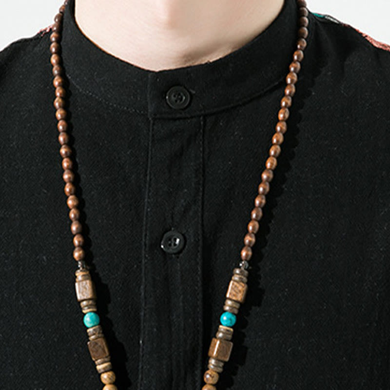 Buddha Stones刺繍パッチワークシンプルデザイン七分袖メンズコットンリネンシャツ