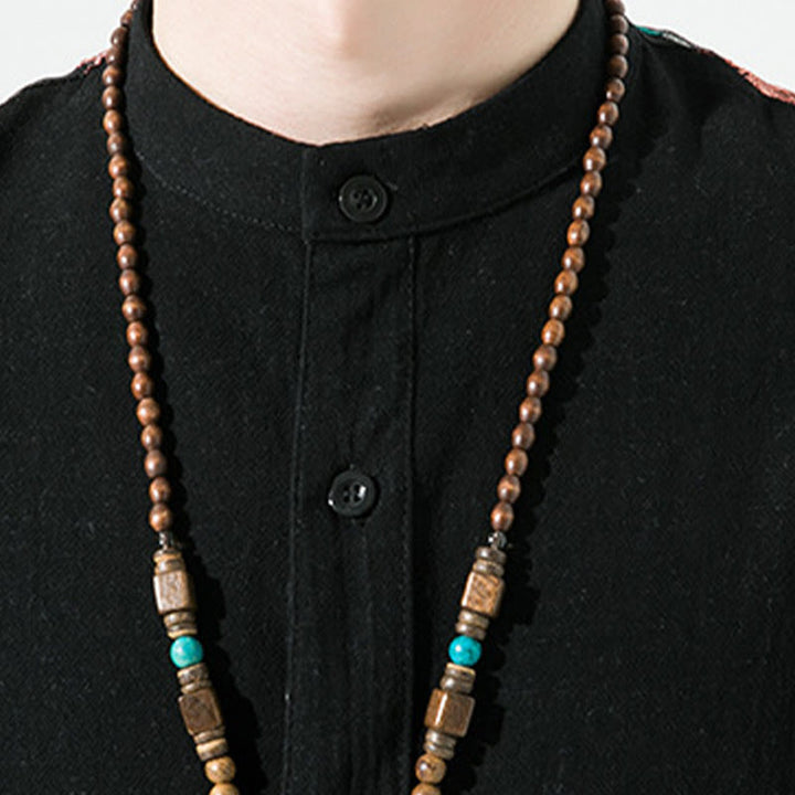 Buddha Stones刺繍パッチワークシンプルデザイン七分袖メンズコットンリネンシャツ