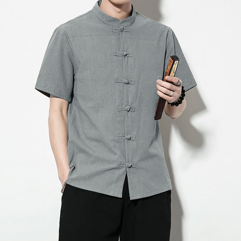 Buddha Stonesカジュアル無地フロントフロッグボタン中国唐装半袖リネンメンズシャツ - image 35