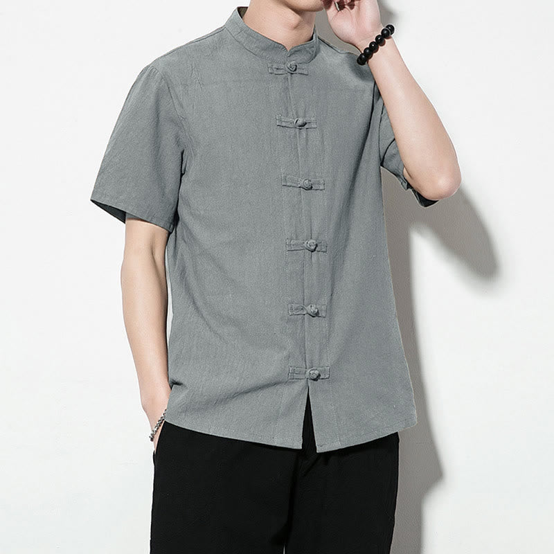 Buddha Stonesカジュアル無地フロントフロッグボタン中国唐装半袖リネンメンズシャツ - image 32