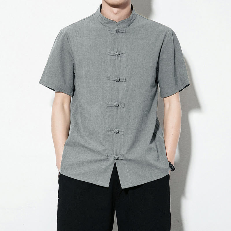 Buddha Stonesカジュアル無地フロントフロッグボタン中国唐装半袖リネンメンズシャツ - キャデットブルー - US/UK/AU46、 EU56 (5XL) - image 29