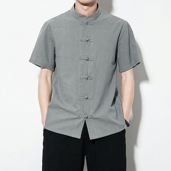 Buddha Stonesカジュアル無地フロントフロッグボタン中国唐装半袖リネンメンズシャツ - キャデットブルー - US/UK/AU46、 EU56 (5XL) - image 29