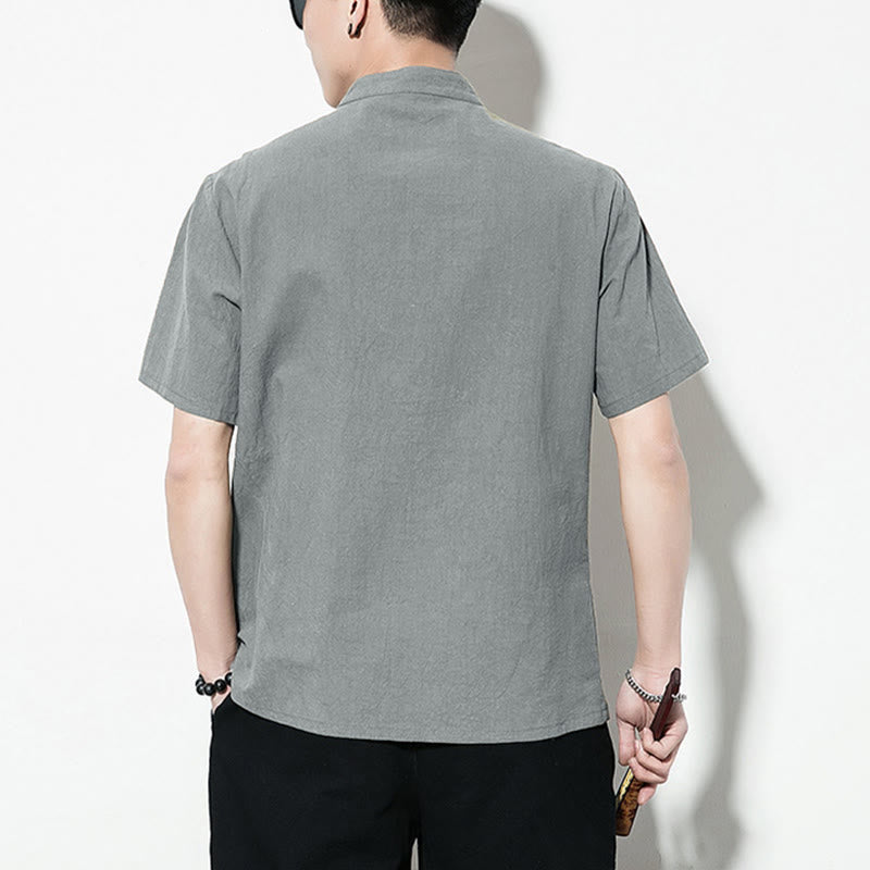 Buddha Stonesカジュアル無地フロントフロッグボタン中国唐装半袖リネンメンズシャツ - image 31