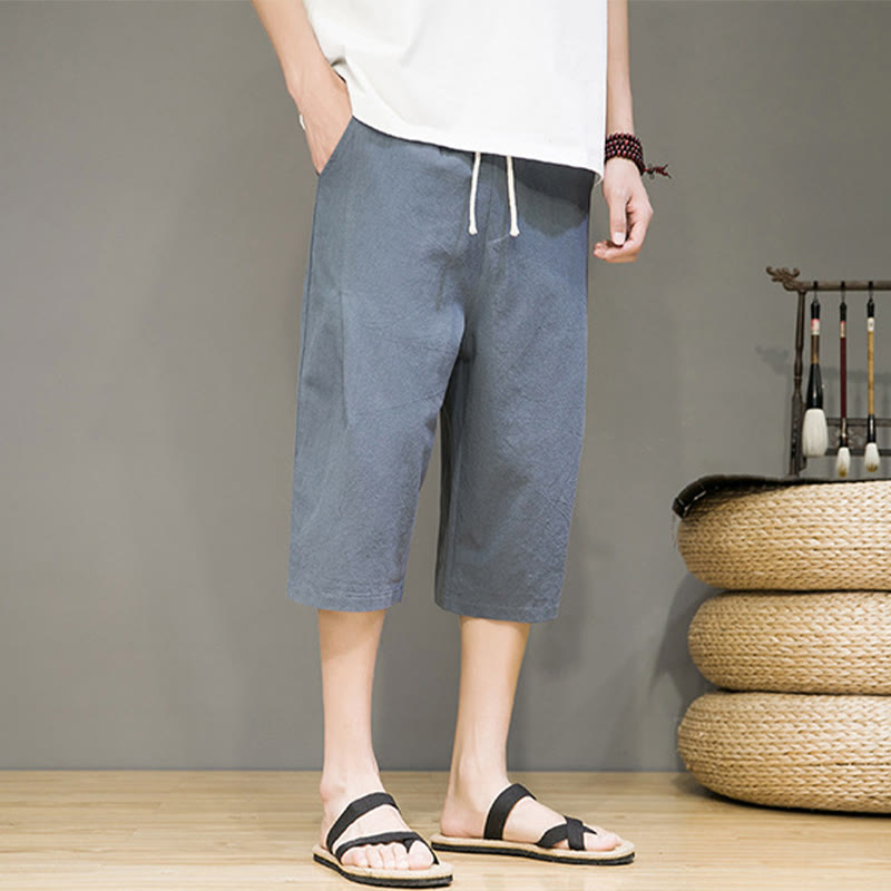 Buddha Stonesカジュアル サマー ドローストリング 無地 クロップド丈 コットンリネン メンズ ハーレムパンツ ポケット付き - image 8