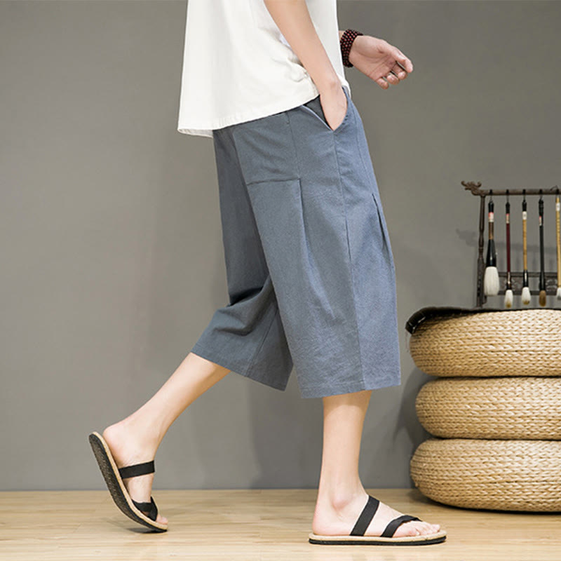 Buddha Stonesカジュアル サマー ドローストリング 無地 クロップド丈 コットンリネン メンズ ハーレムパンツ ポケット付き - image 6